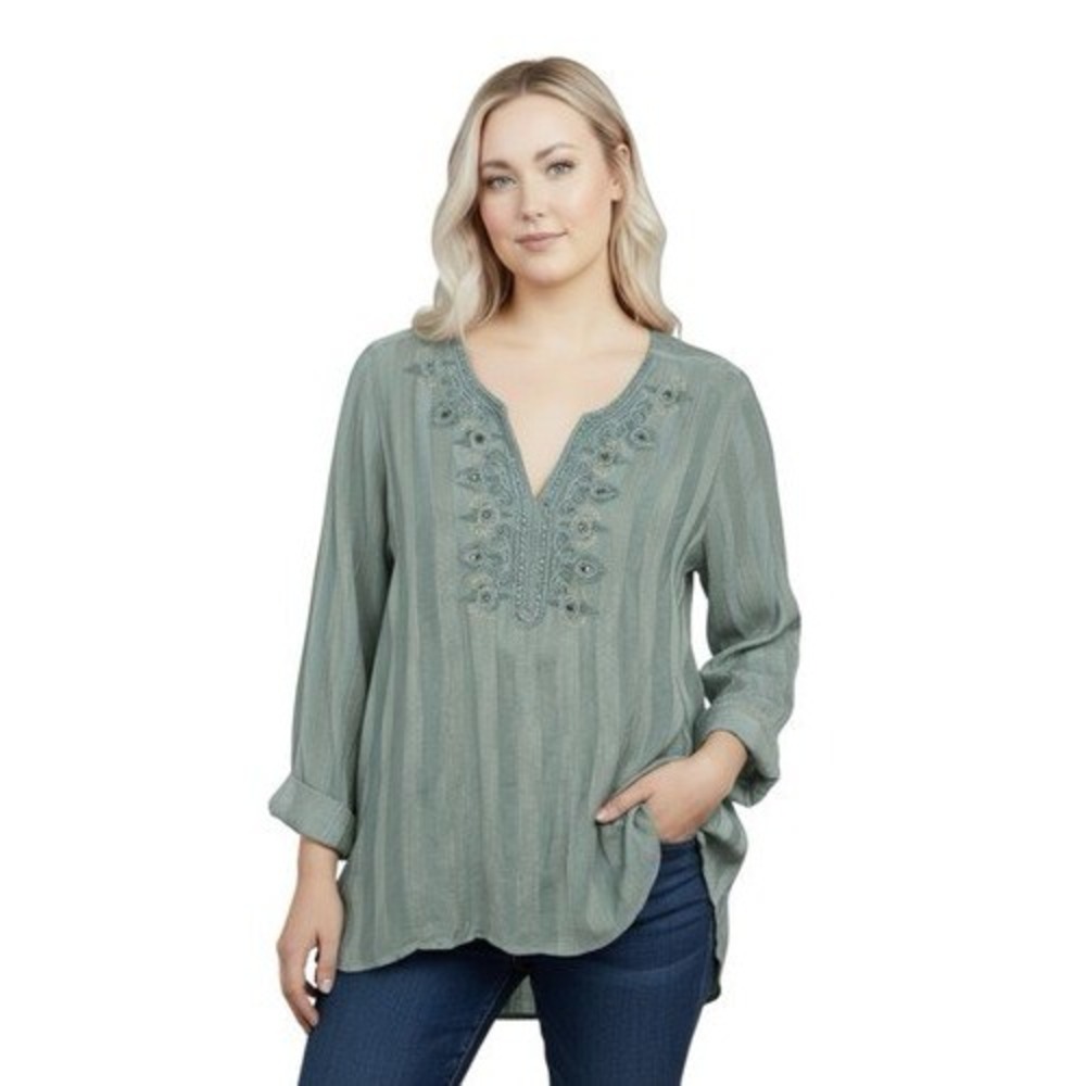 Soft Surrounds Embroidered Tunic Top Size M Boho Coastal Sage Green Blouse